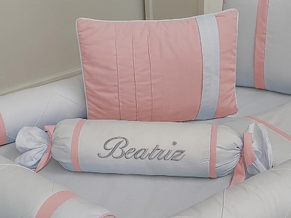 Kit Berço Menina Tradicional 7 Peças Personalizado 100% Algodão Branco e Rosa — imagem 2