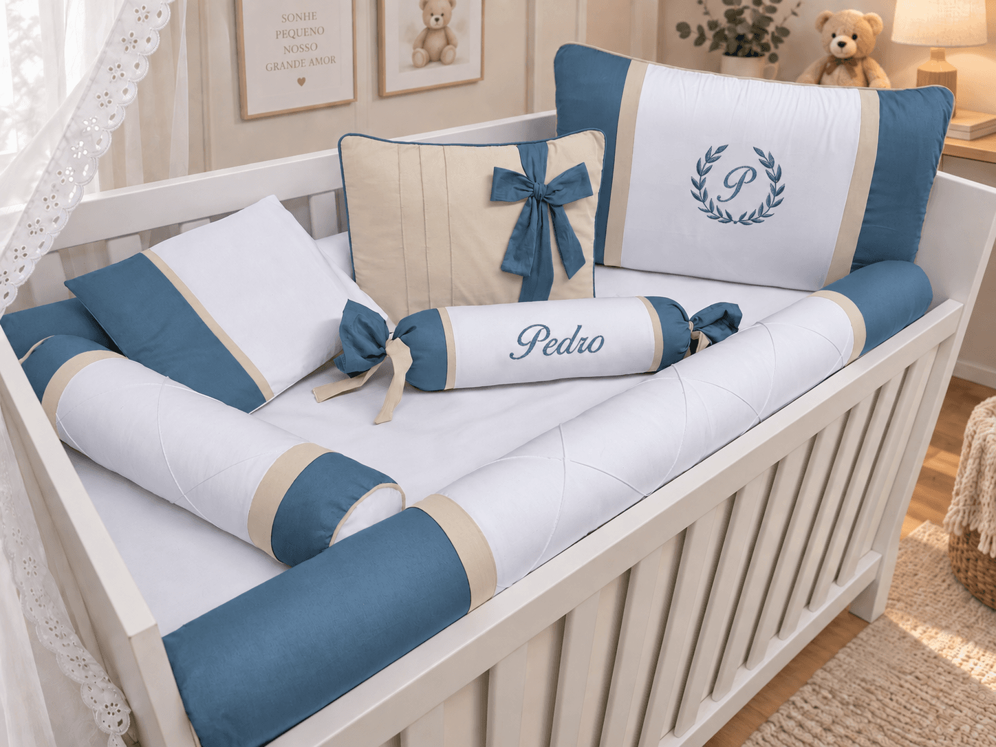 Kit Berço Menino 7 Peças 100% Algodão Jeans e Palha