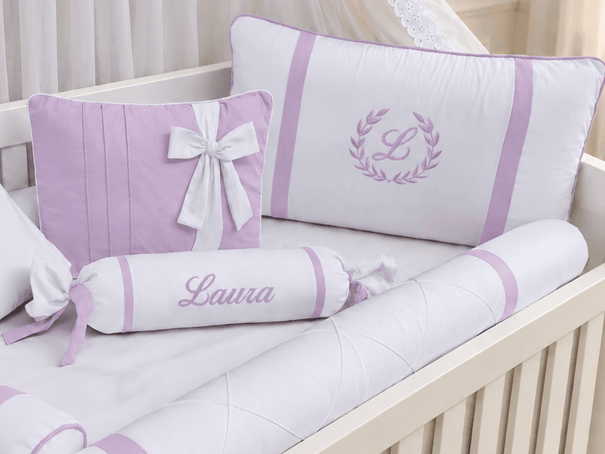 Kit Berço Menina Branco e Lilás 100% Algodão 7 Peças — imagem 3