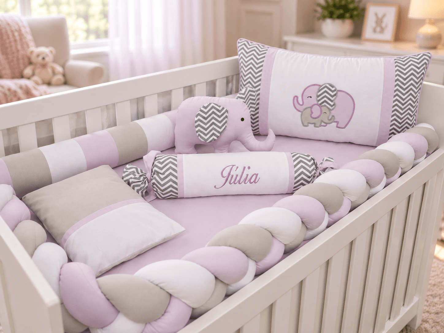 Kit Berço Trança Menina Elefantinho 6 Peças Personalizado com Nome 100% Algodão Lilás, Cinza e Branco