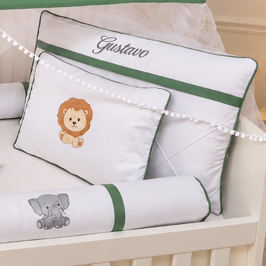 Kit Berço Safari Verde Oliva Bordado com Nome 9 Peças com Mosquiteiro — imagem 2