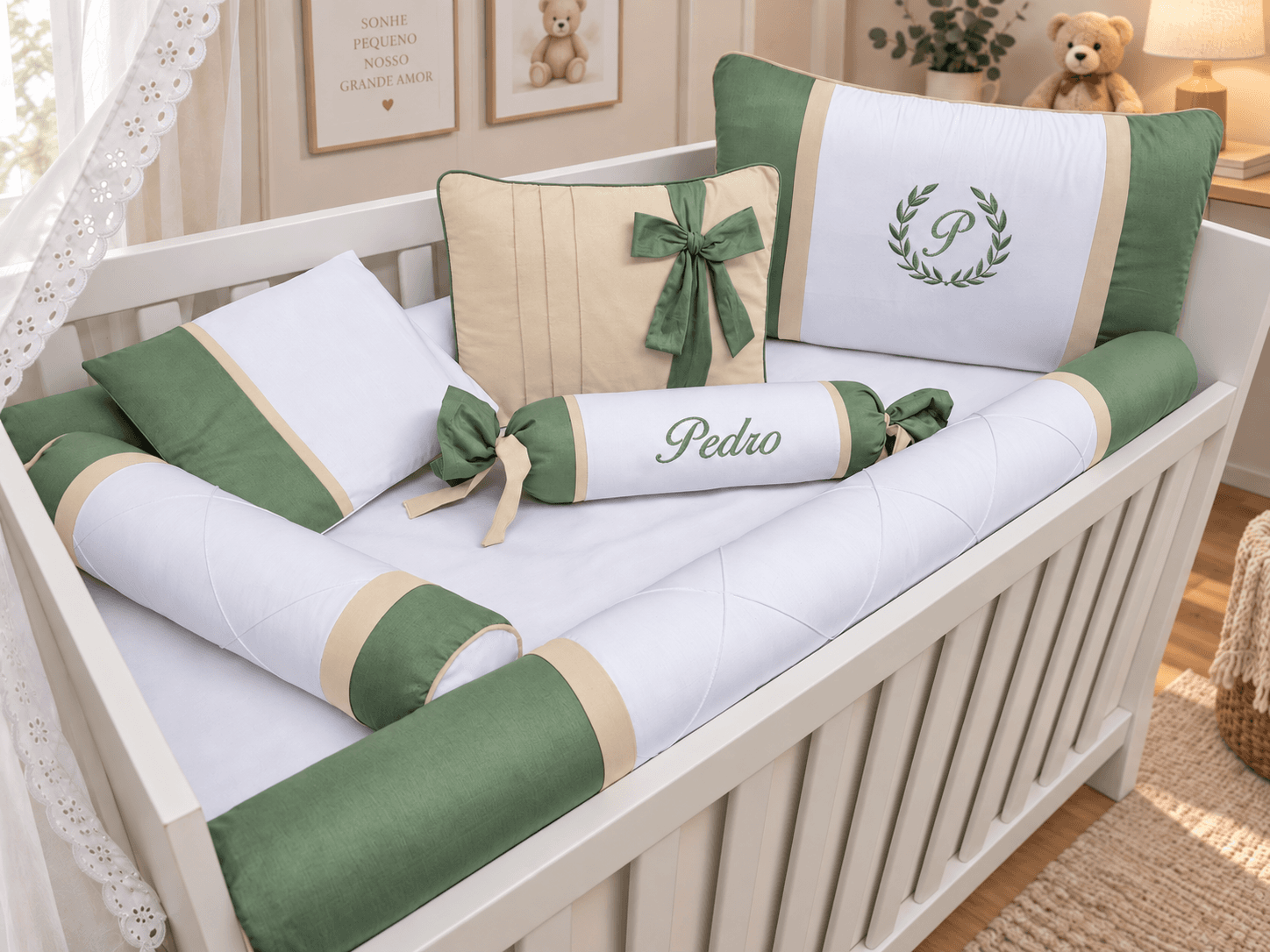 Kit Berço Menino 7 Peças 100% Algodão Verde Oliva e Palha