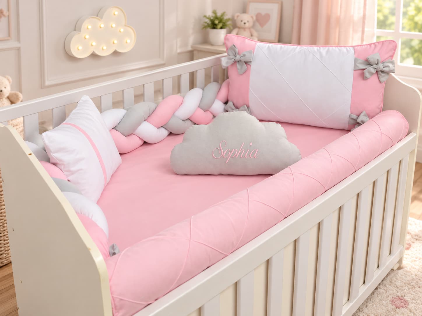 Kit Berço Trança Menina 5 Peças Personalizado 100% Algodão Rosa, Cinza e Branco