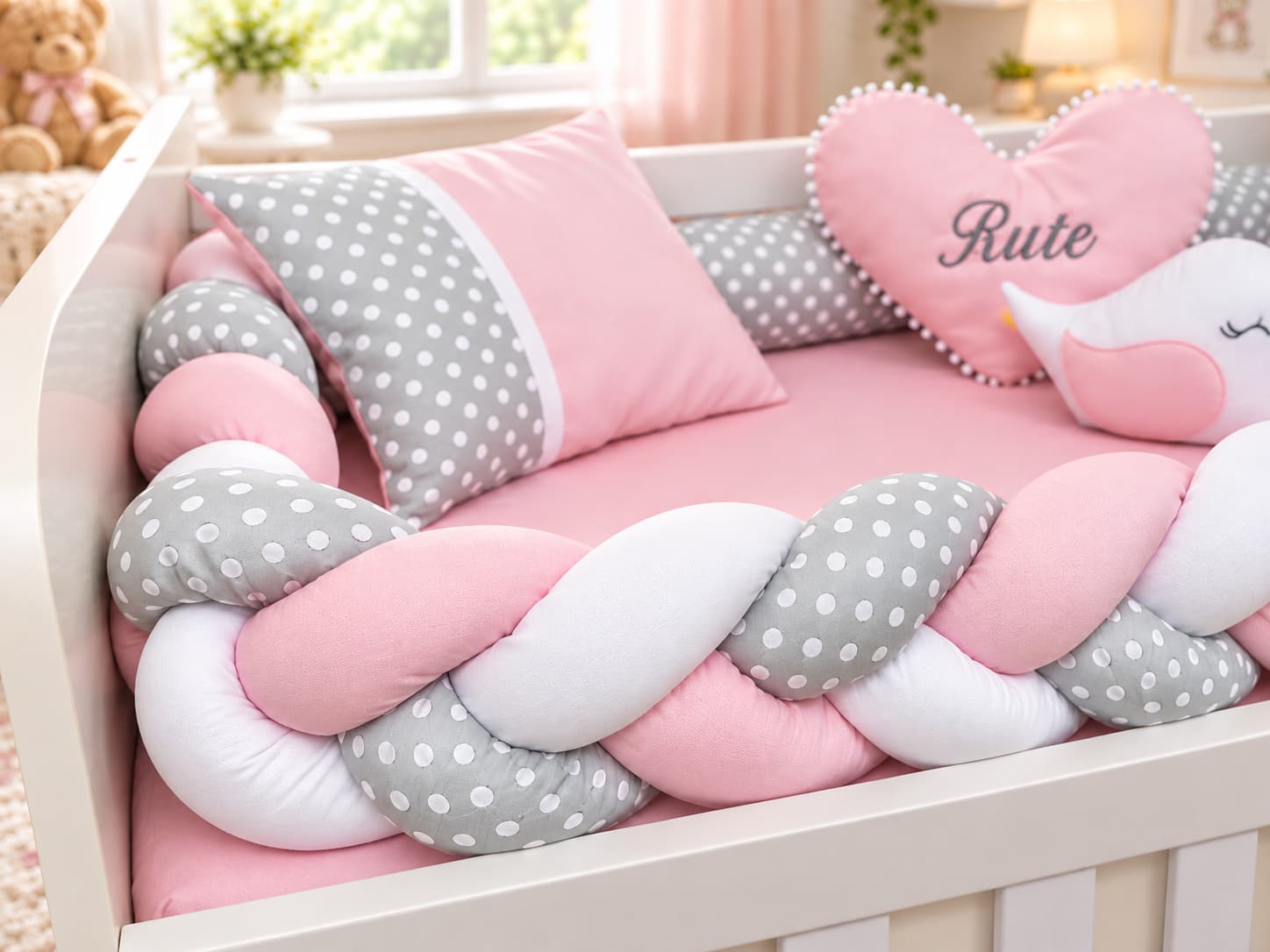Kit Berço Trança Menina Rosa, Cinza Poá e Branco — detalhe 2
