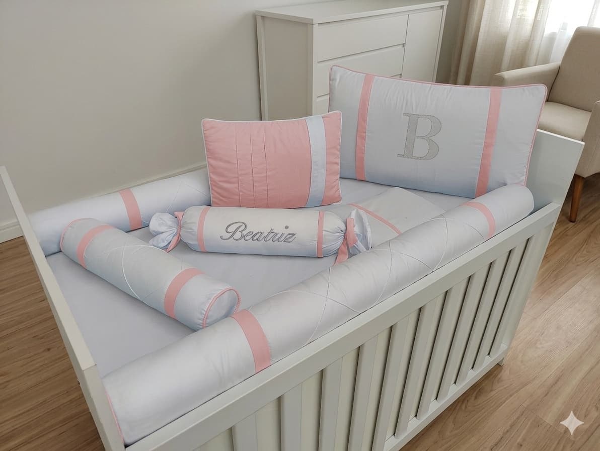 Kit Berço Menina 7 Peças Personalizado 100% Algodão Branco e Rosé