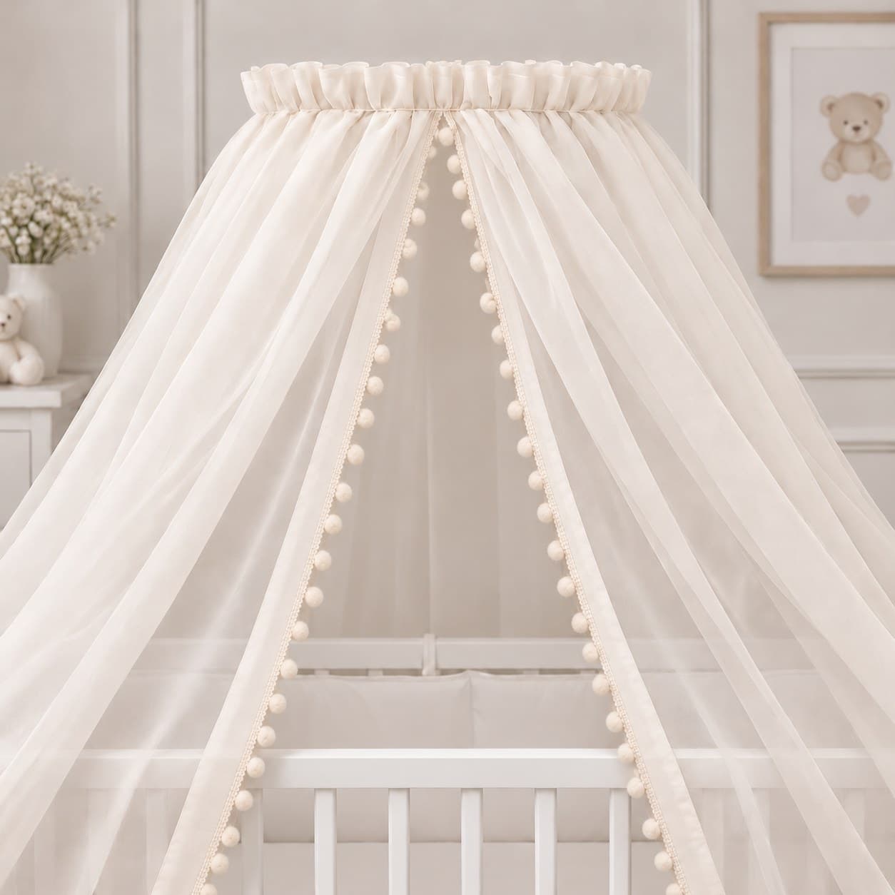 Cortinado para Dossel de Parede Voil Palha com Renda Pompom — imagem 2