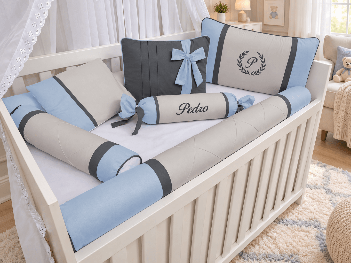 Kit Berço Menino 7 Peças 100% Algodão Azul Bebê e Azul Marinho