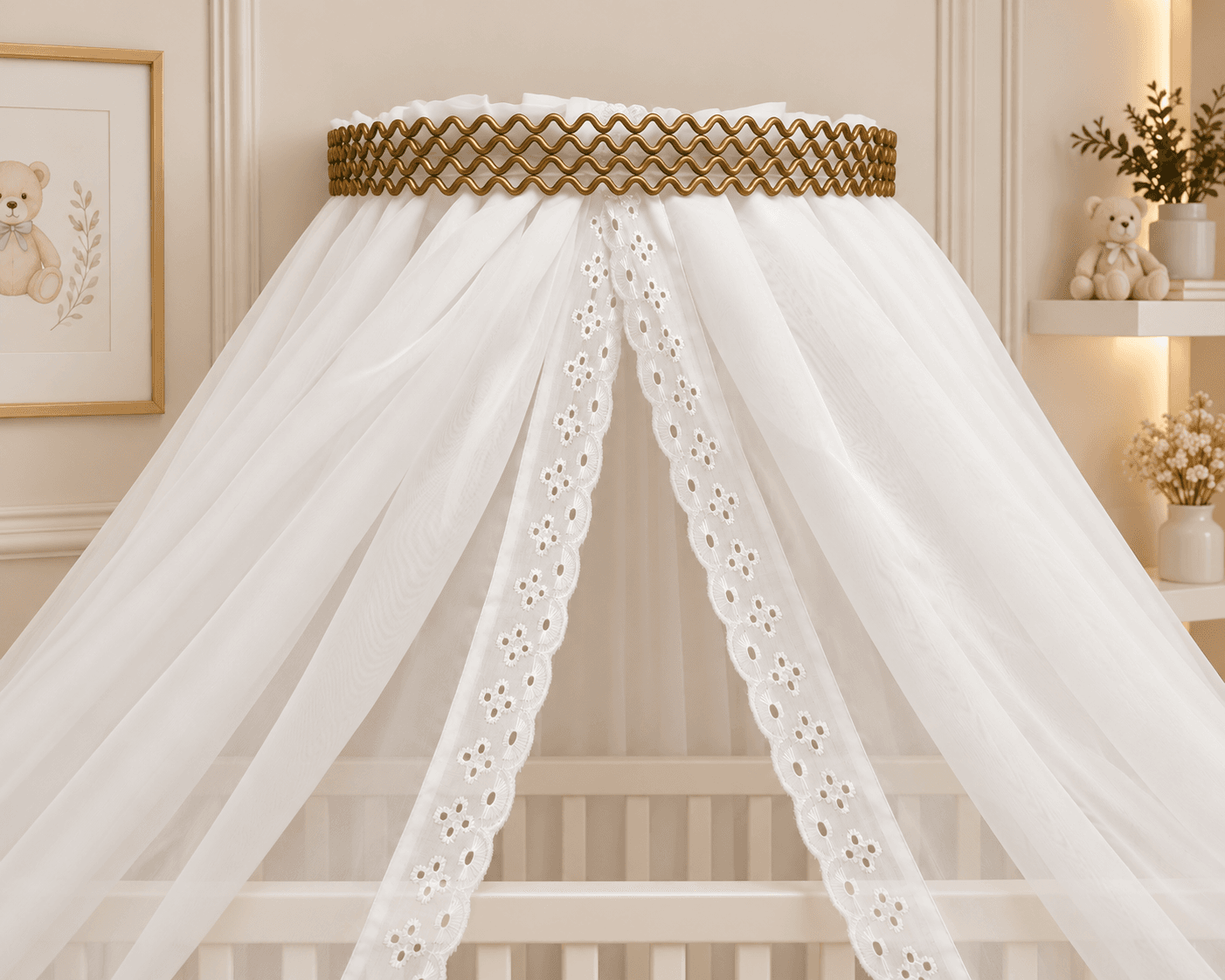 Dossel Telinha Dourado com Cortinado Voal Palha e Renda de Algodão