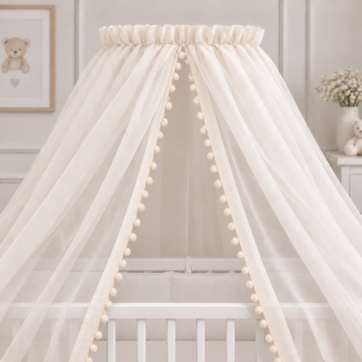 Cortinado para Dossel de Parede Voil Palha com Renda Pompom