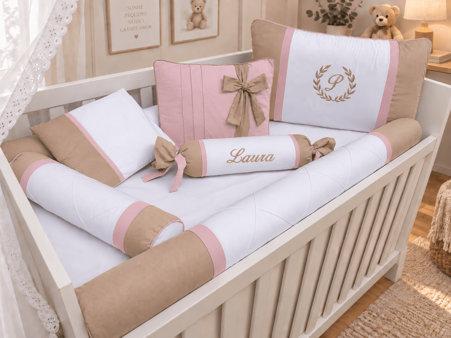 Kit Berço Menina 7 Peças 100% Algodão Ocre e Rosa