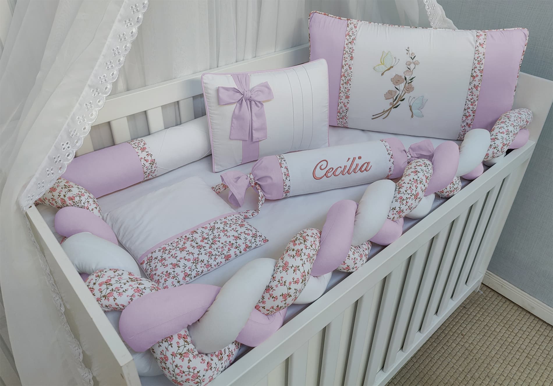 Kit Protetor de Berço Trança Personalizado Floral Lilás 100% Algodão — imagem 2