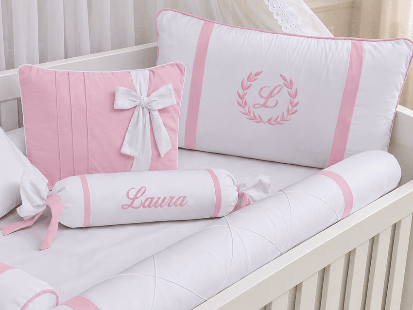 Kit Berço Menina Branco e Rosa 100% Algodão 7 Peças — imagem 3
