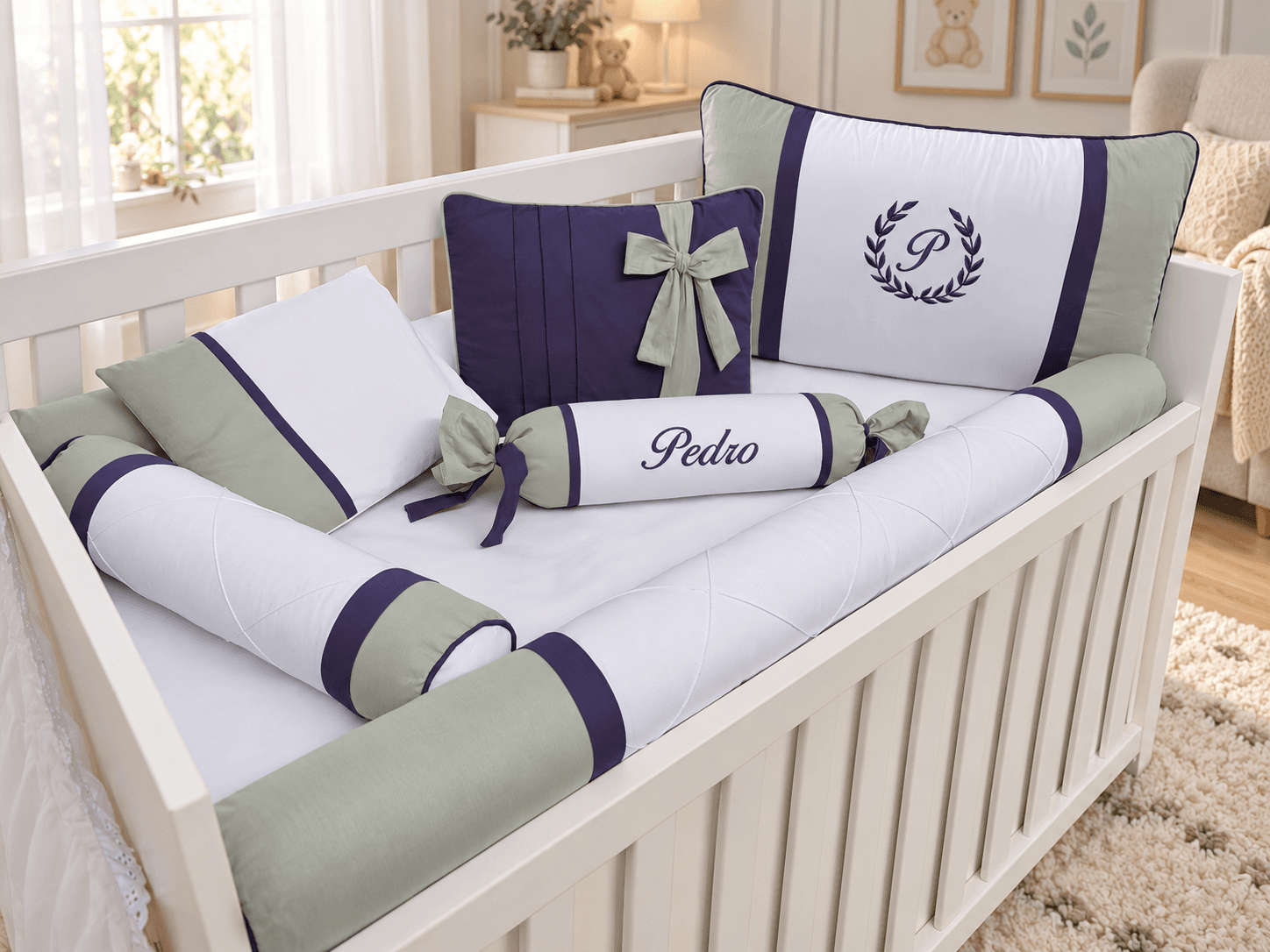 Kit Berço Menino 7 Peças 100% Algodão Cinza e Azul Marinho