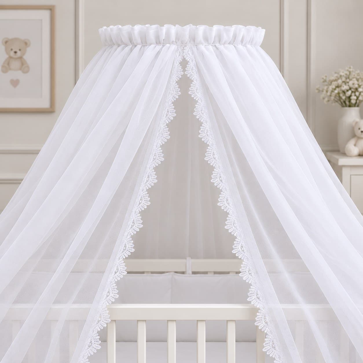 Cortinado para Dossel de Parede Voil Branco com Renda Guipir Larga
