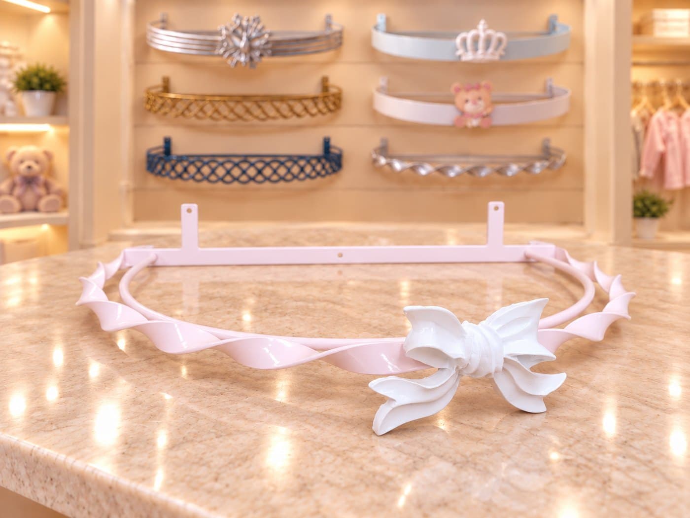 Dossel de Parede para Berço Torcido Rosa com Laço Branco