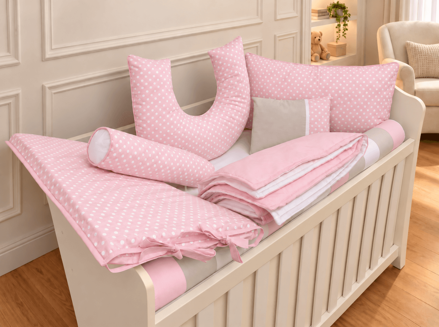 Kit Berço Menina Poá 9 Peças 100% Algodão Rosa