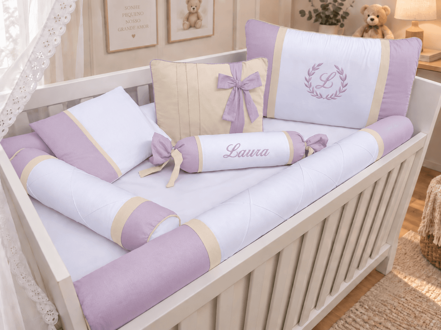 Kit Berço Menina 7 Peças 100% Algodão Lilás e Palha