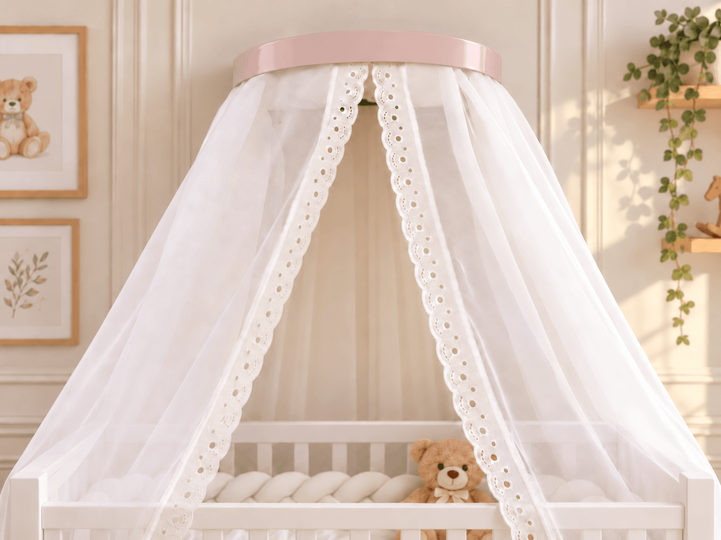 Dossel de Parede Rosa com Cortinado Voil Palha e Renda