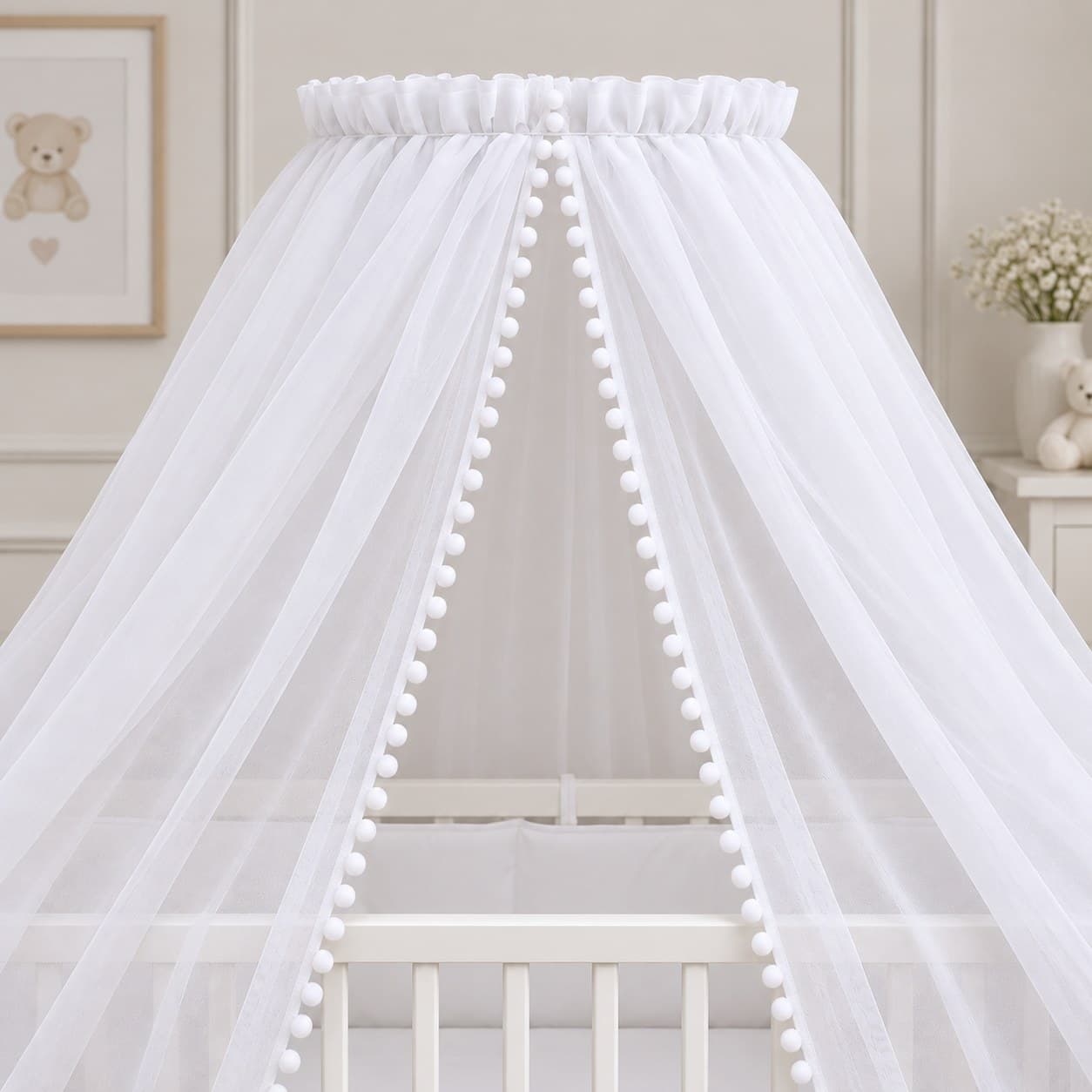 Cortinado para Dossel de Parede Voil Branco com Renda Pompom