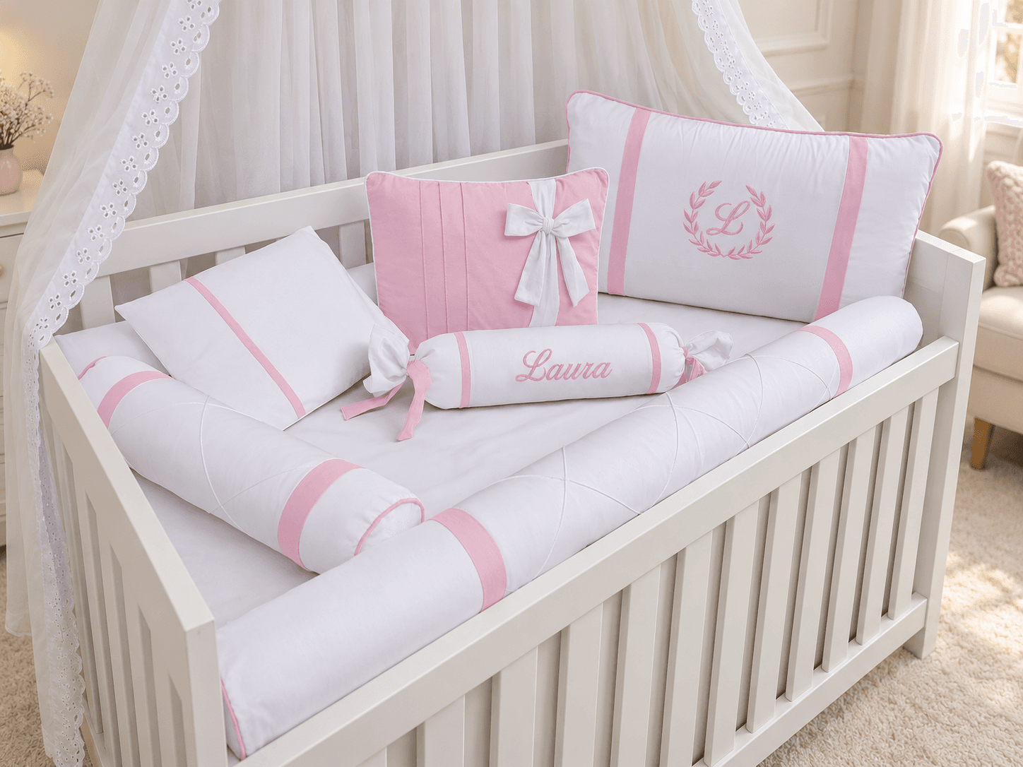 Kit Berço Menina 7 Peças 100% Algodão Rosa