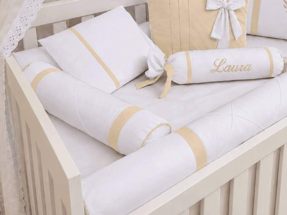 Kit Berço Menina Branco e Palha 100% Algodão 7 Peças — imagem 2