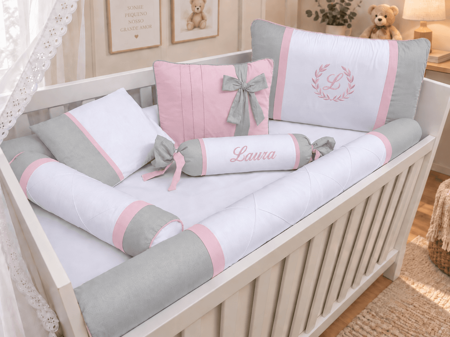 Kit Berço Menina 7 Peças 100% Algodão Cinza e Rosa