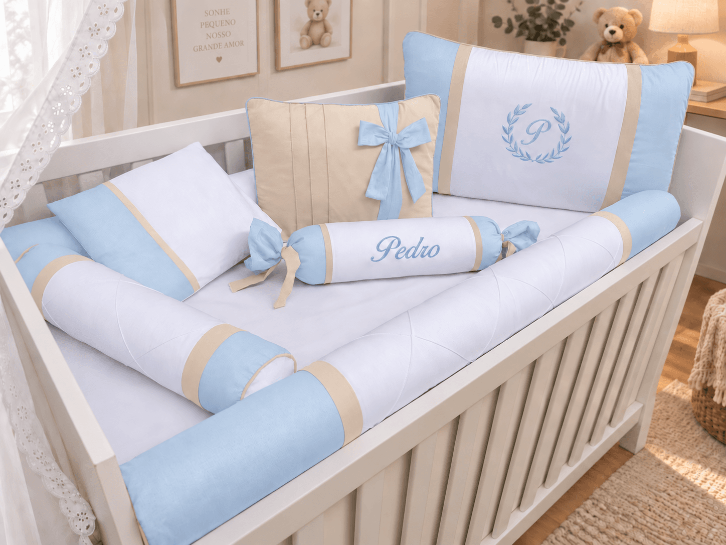 Kit Berço Menino 7 Peças 100% Algodão Azul Bebê e Palha