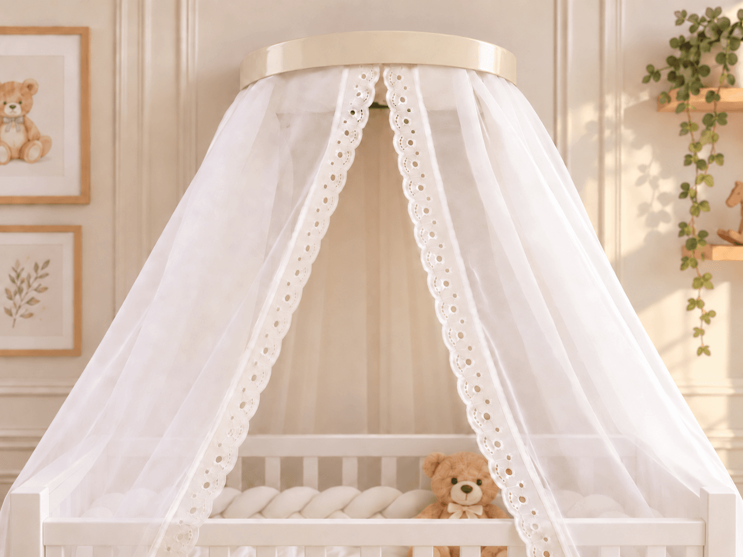 Dossel de Parede Bege com Cortinado Voil Palha e Renda