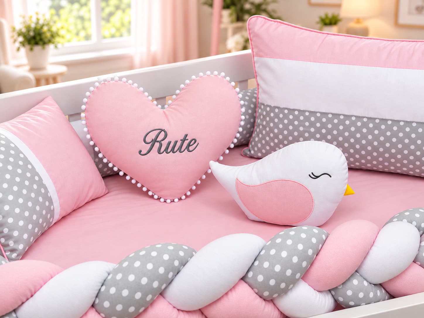 Kit Berço Trança Menina Rosa, Cinza Poá e Branco — detalhe 1