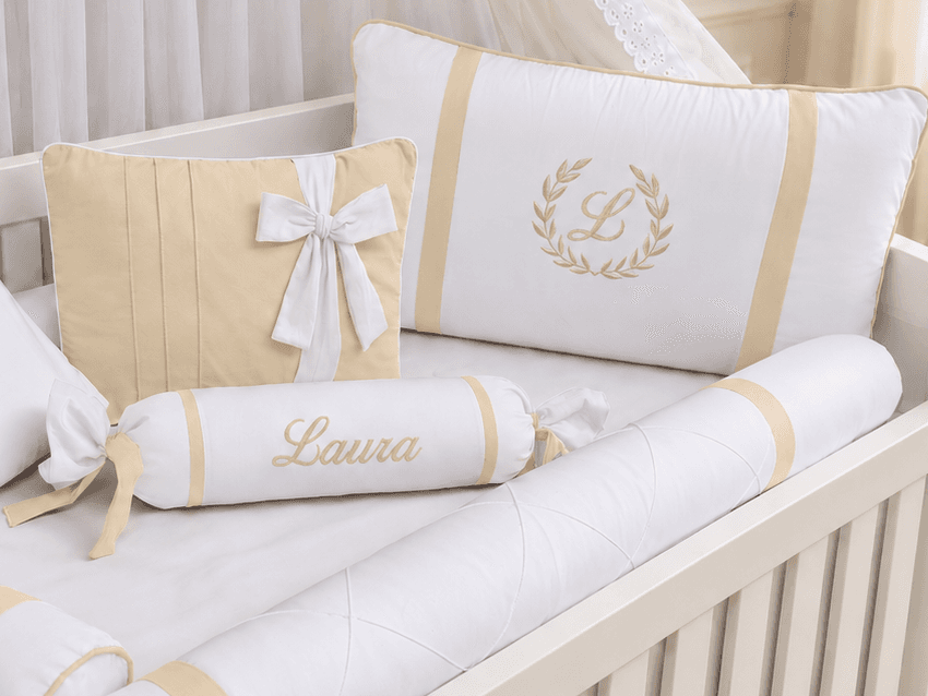 Kit Berço Menina Branco e Palha 100% Algodão 7 Peças — imagem 3