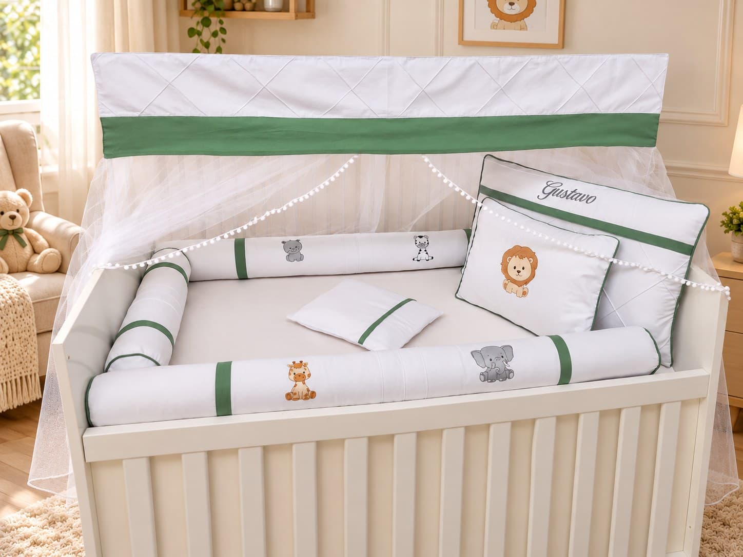Kit Berço Menino Safari 9 Peças 100% Algodão Verde Oliva com Mosquiteiro