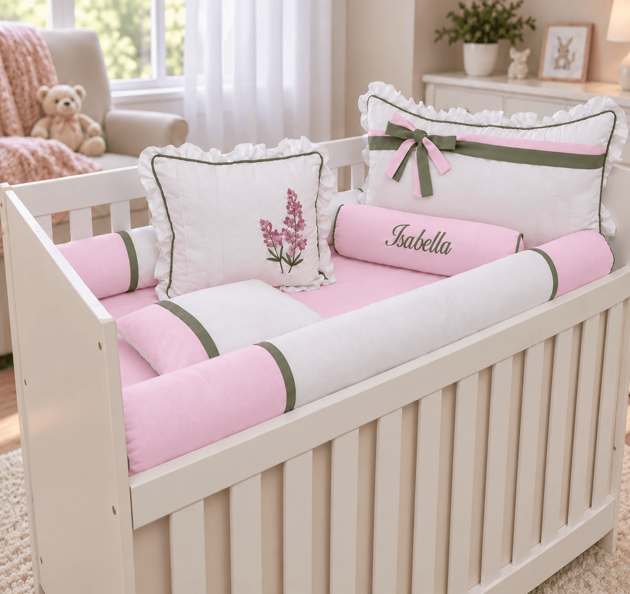 Kit Berço Menina Lavanda 6 Peças Personalizado com Nome 100% Algodão Branco, Rosa e Verde Oliva
