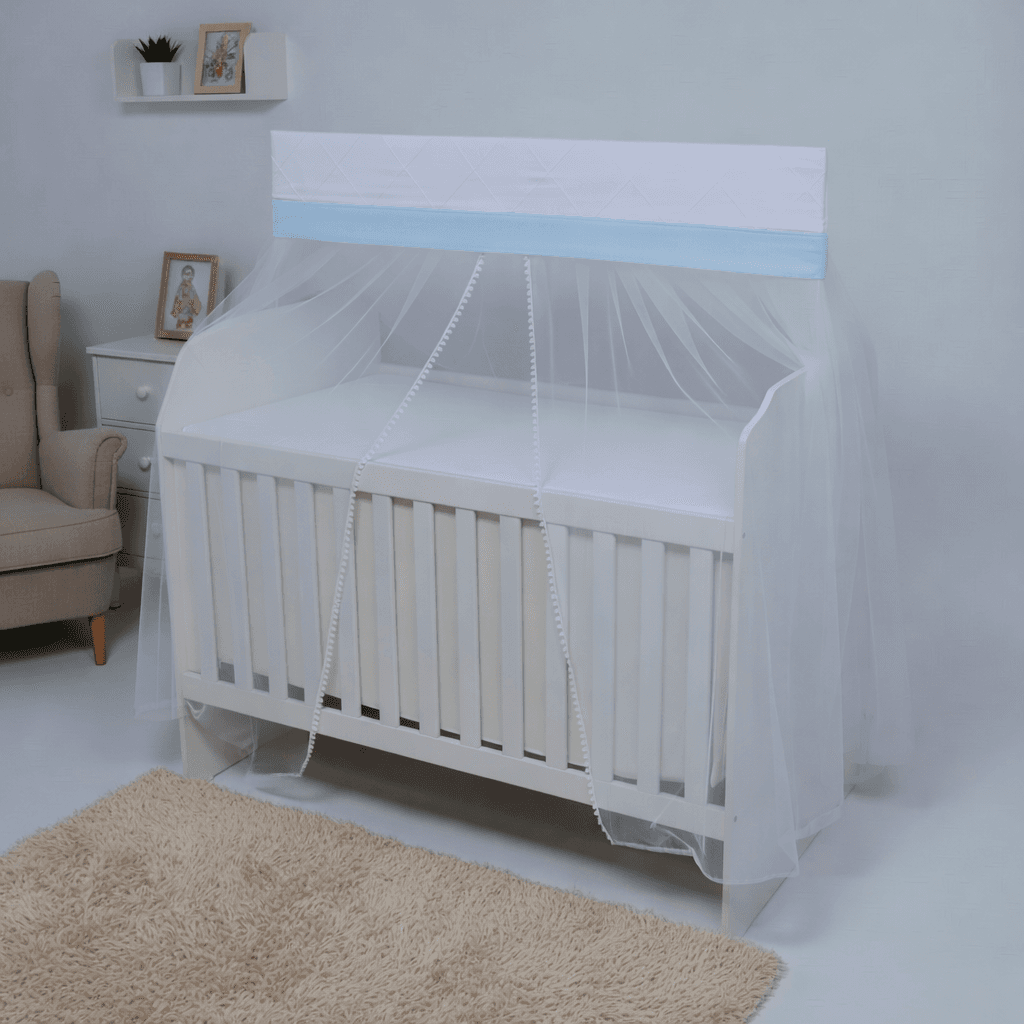 Mosquiteiro para Berço com Bandô 100% Algodão e Renda Pompom - Azul Bebê