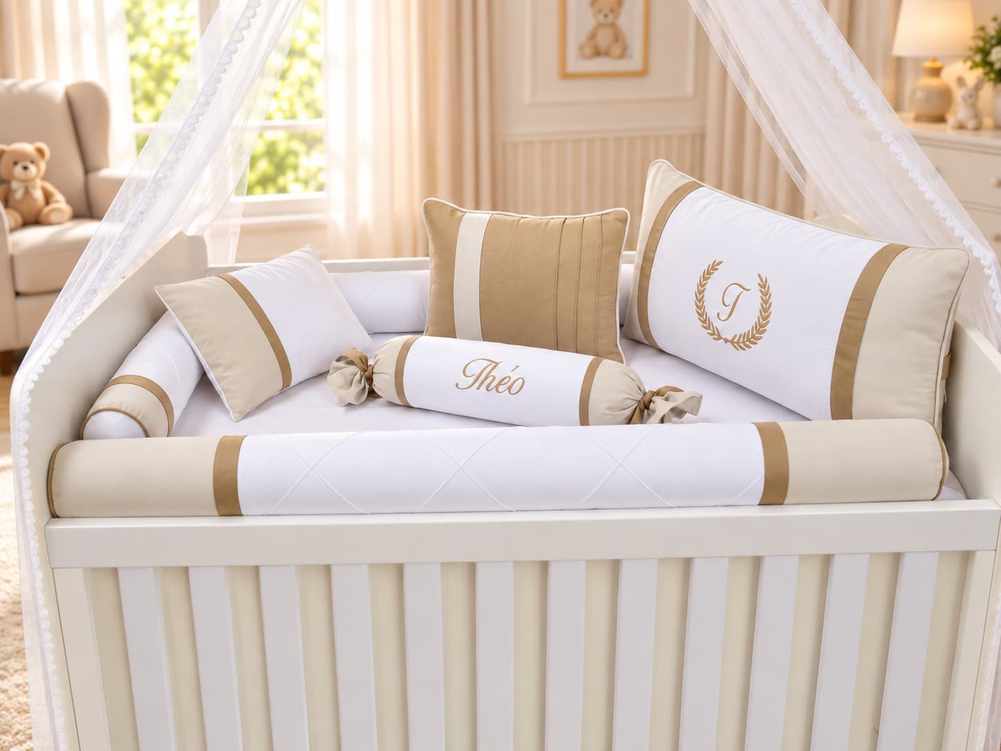 Kit Berço Menino 7 Peças 100% Algodão Branco, Palha e Ocre Personalizado