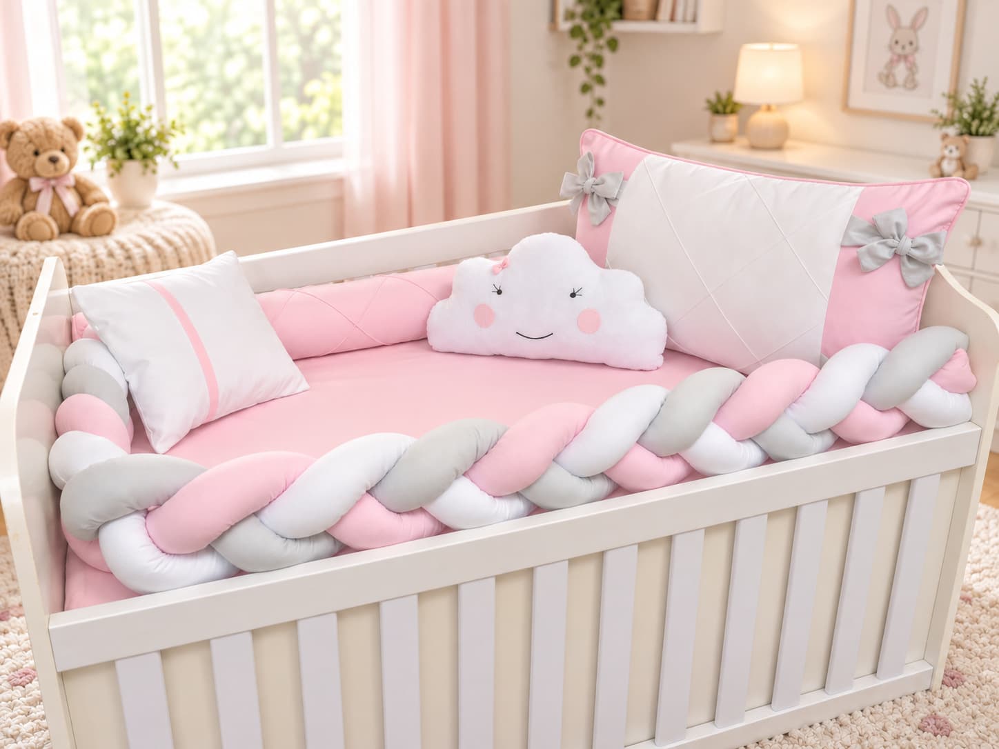 Kit Berço Trança Menina 5 Peças 100% Algodão Rosa, Cinza e Branco com Nuvenzinha