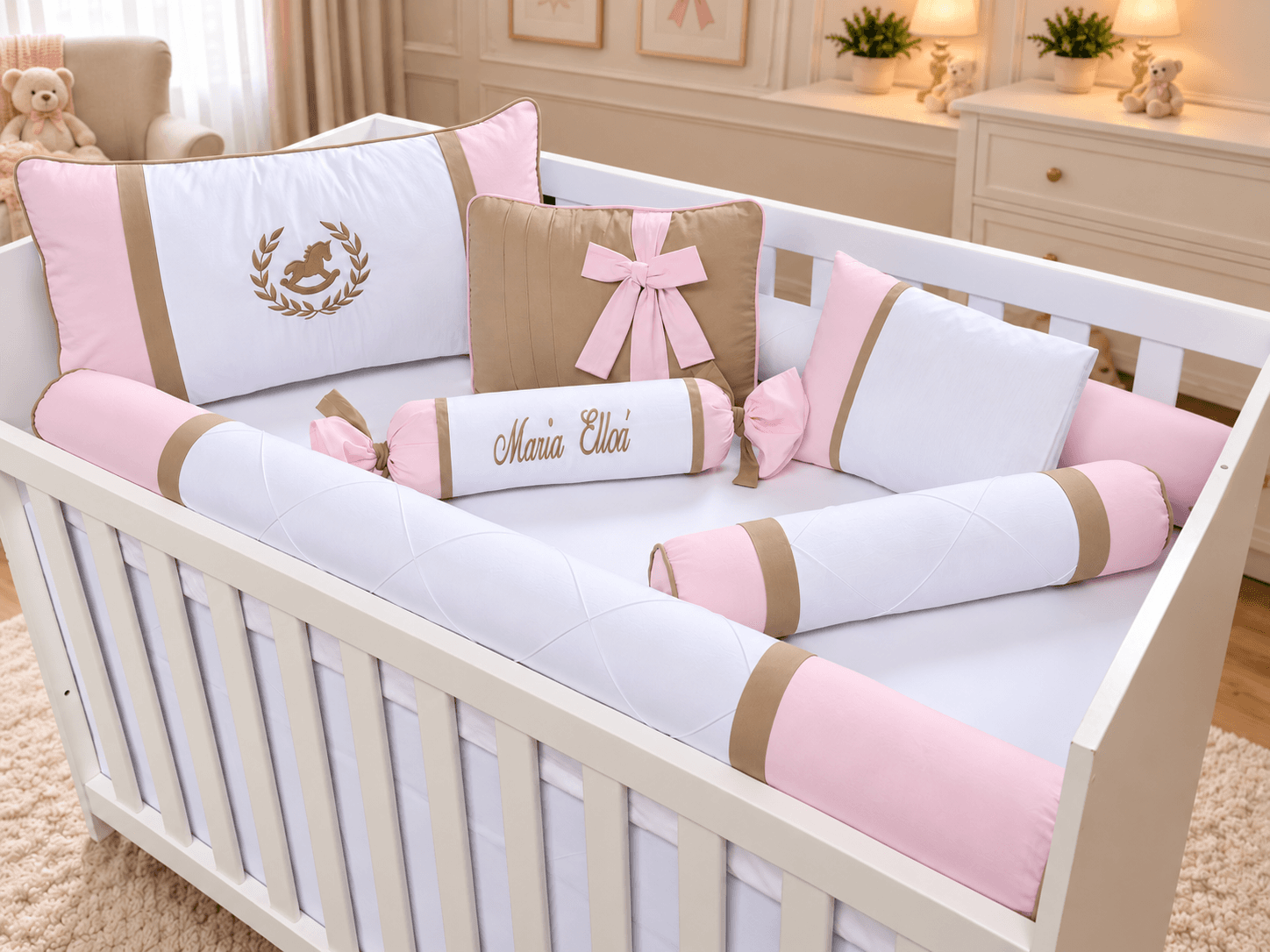 Kit Berço Menina Cavalinho 7 Peças 100% Algodão Rosa e Ocre