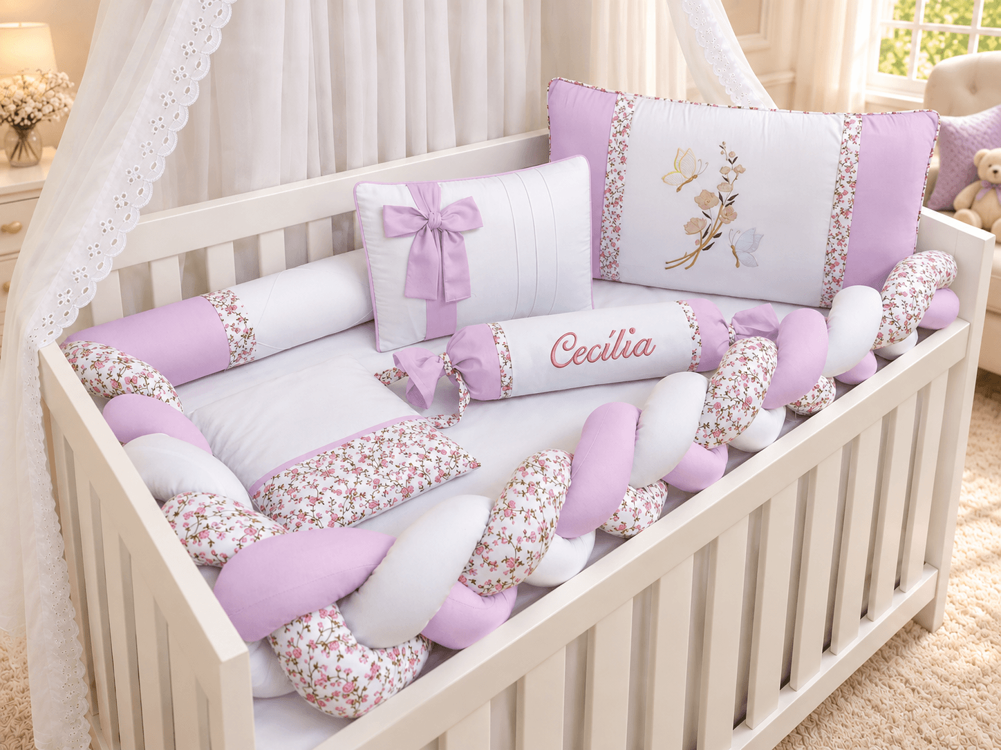 Kit Berço Menina Trança Floral 6 Peças 100% Algodão Lilás