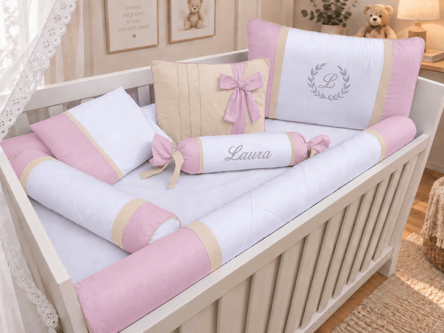 Kit Berço Menina 7 Peças 100% Algodão Rosa e Palha