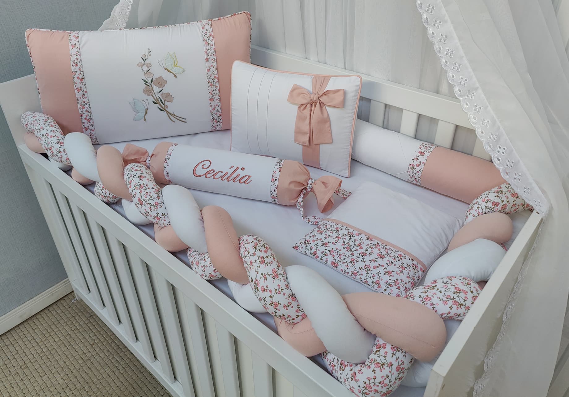 Kit Berço Menina Trança Floral 6 Peças 100% Algodão Rosé