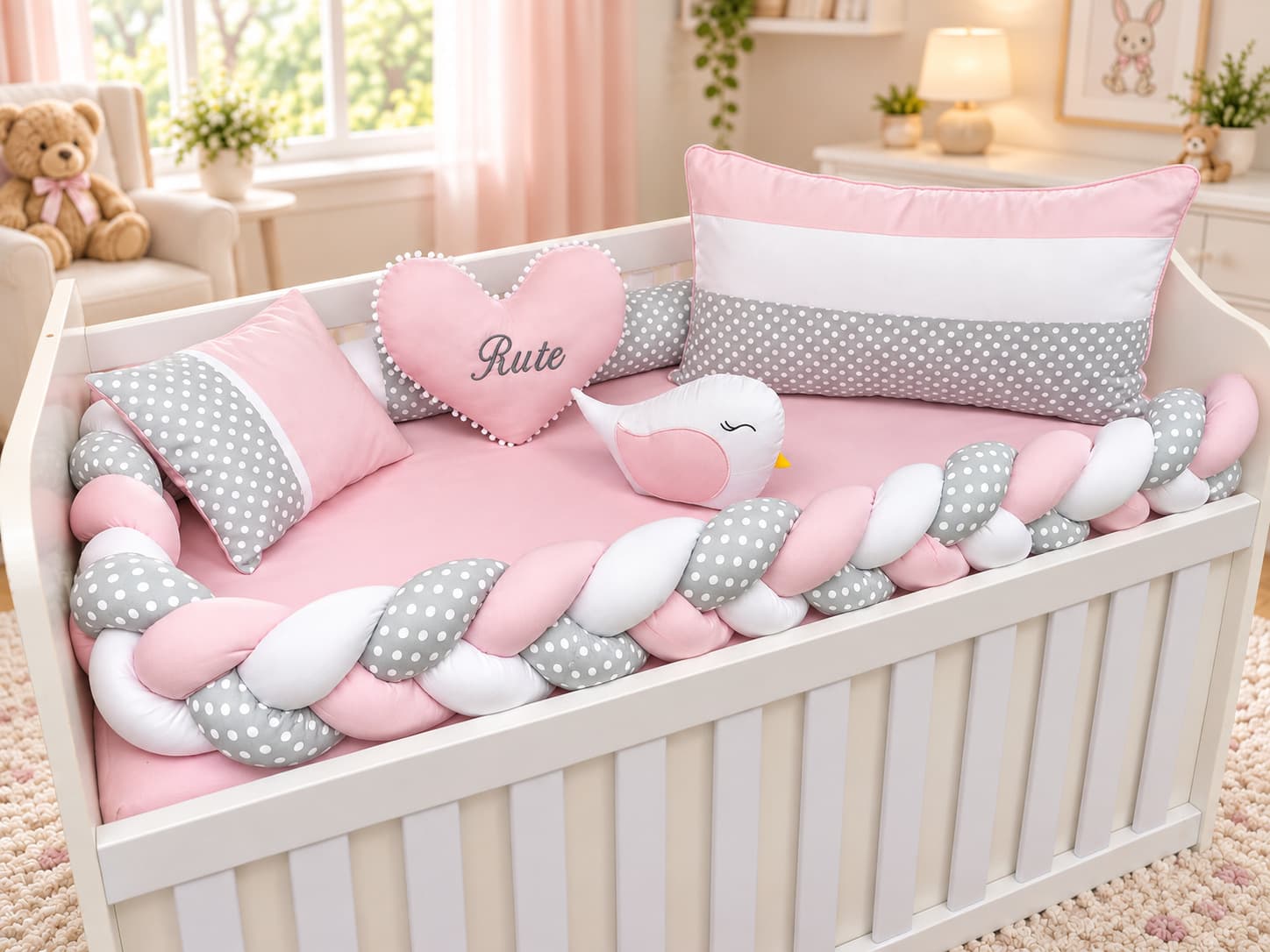 Kit Berço Trança Menina 6 Peças Personalizado 100% Algodão Rosa, Cinza Poá e Branco