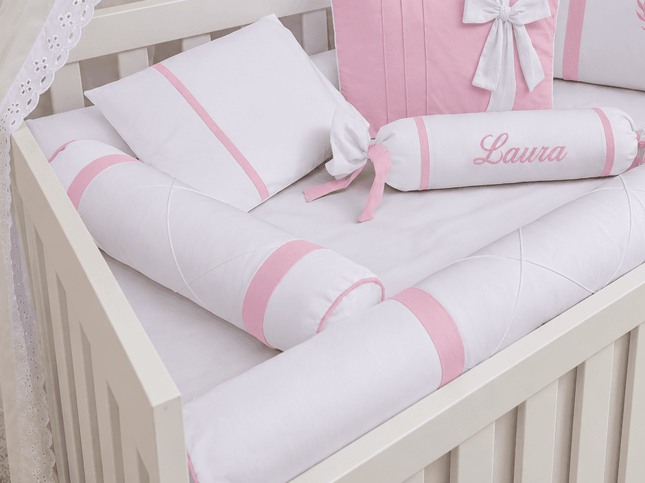 Kit Berço Menina Branco e Rosa 100% Algodão 7 Peças — imagem 2