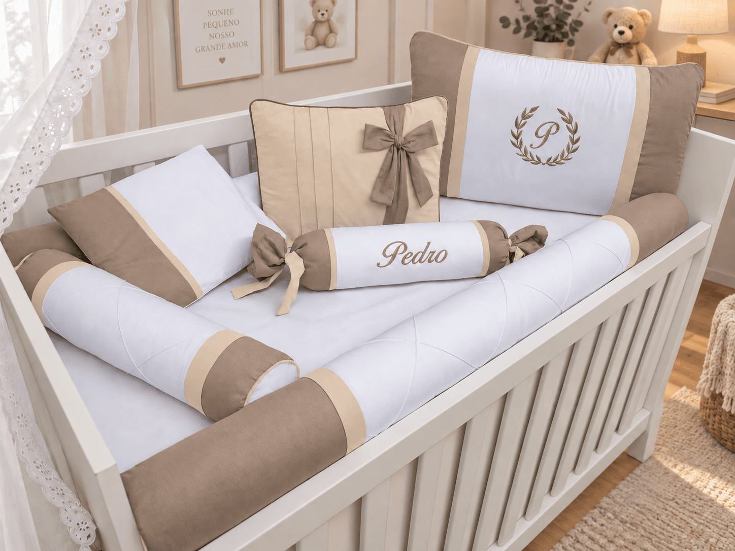 Kit Berço Menino 7 Peças 100% Algodão Ocre e Palha