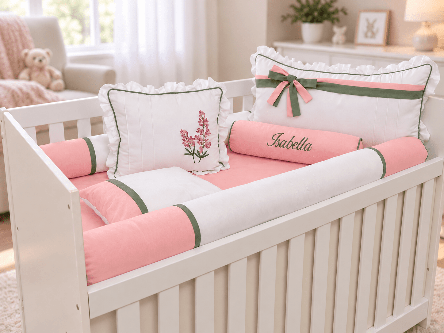 Kit Berço Menina Lavanda 6 Peças Personalizado com Nome 100% Algodão Branco, Rosé e Verde Oliva