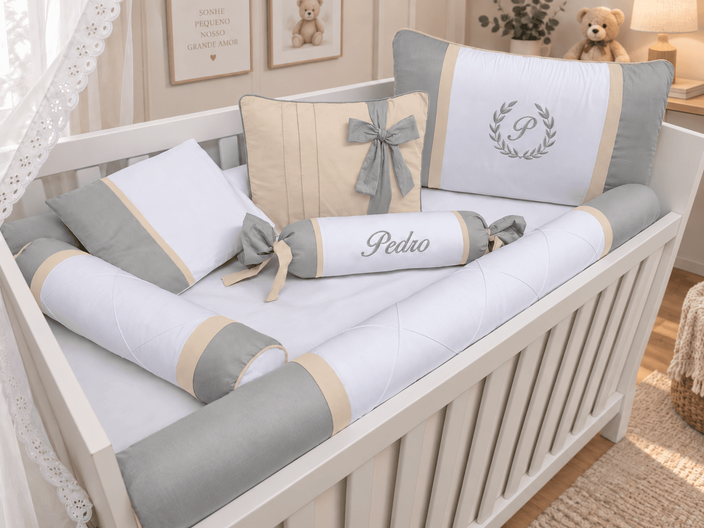 Kit Berço Menino 7 Peças 100% Algodão Cinza e Palha