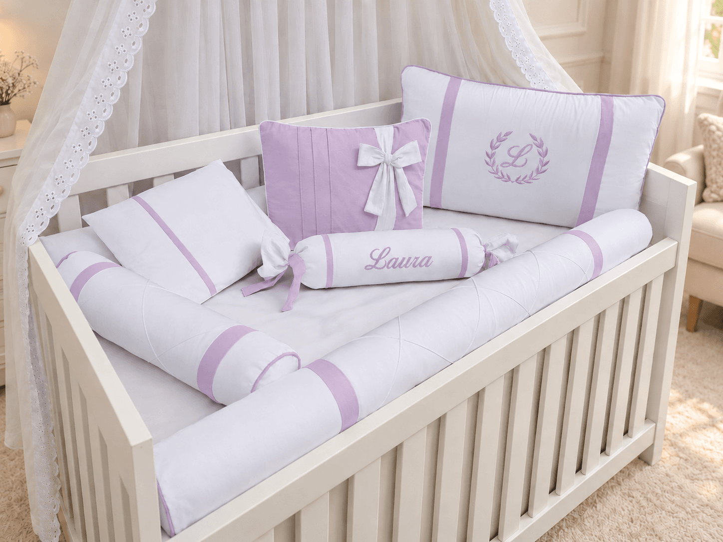 Kit Berço Menina 7 Peças 100% Algodão Lilás