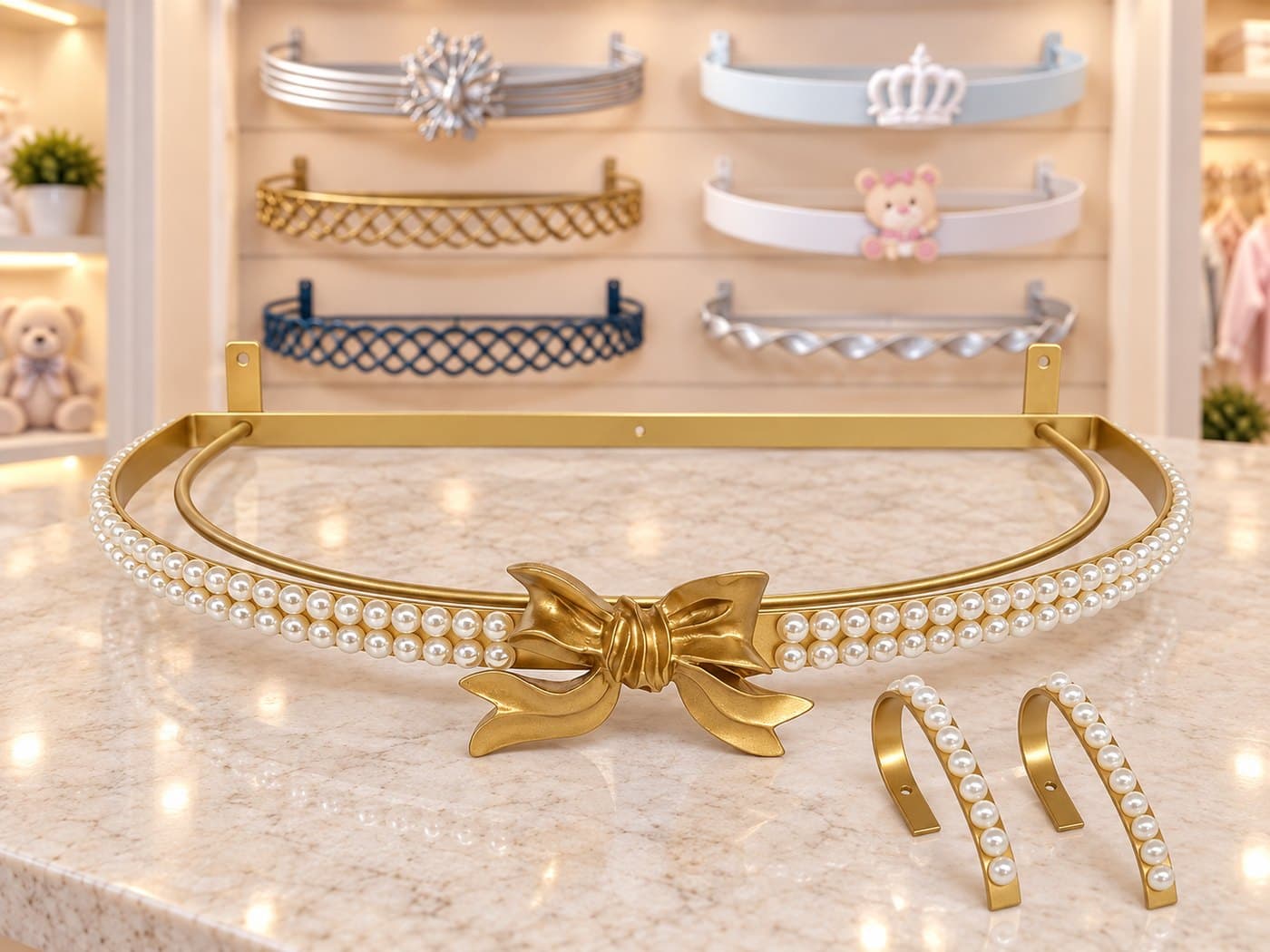 Dossel de Parede para Berço Dupla Pérolas Dourado com Abraçadeiras e Laço