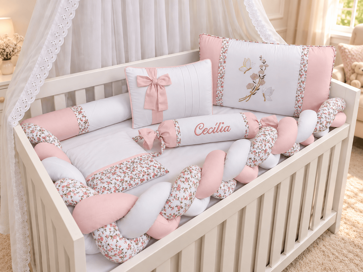 Kit Berço Menina Trança Floral 6 Peças 100% Algodão Rosa