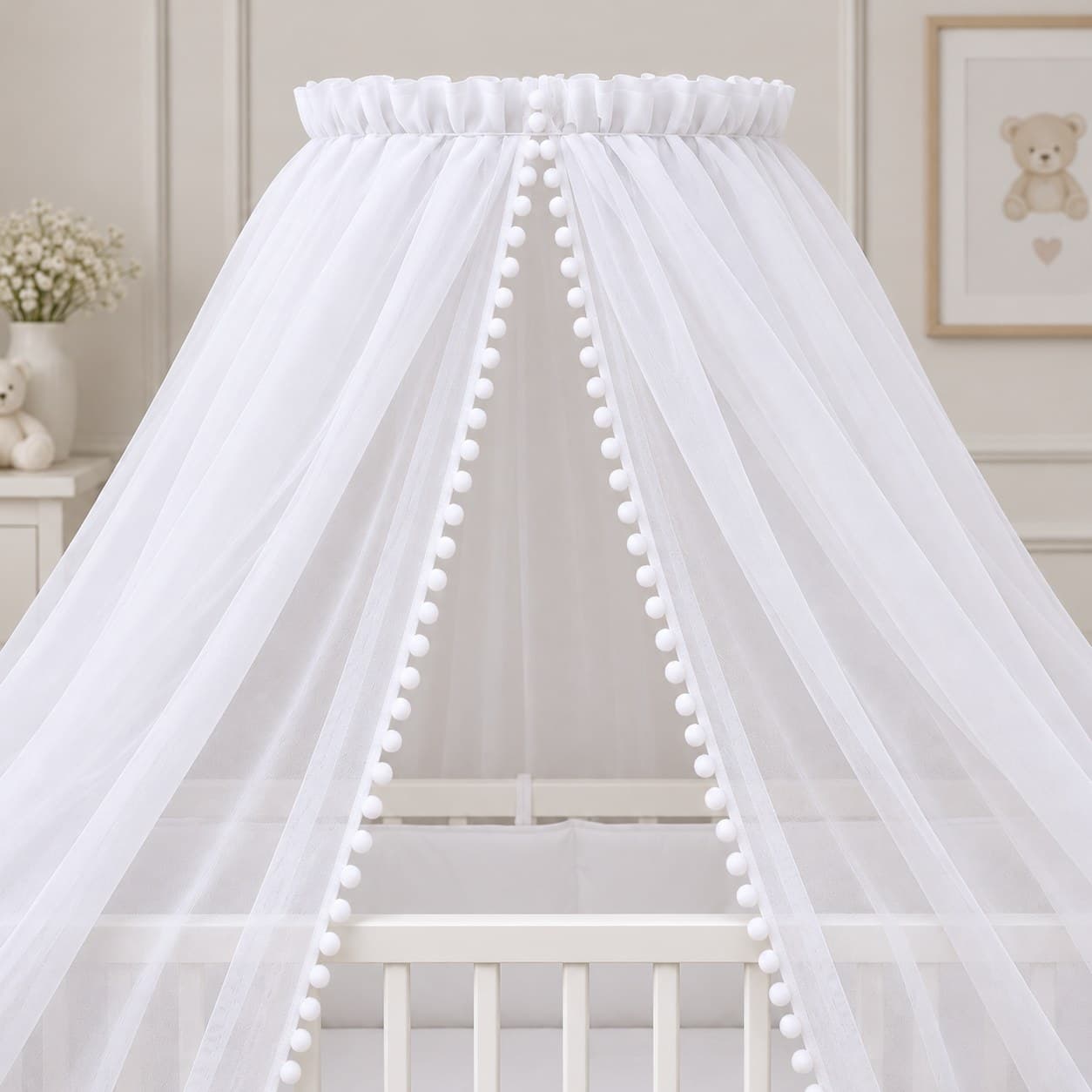 Cortinado para Dossel de Parede Voil Branco com Renda Pompom — imagem 2