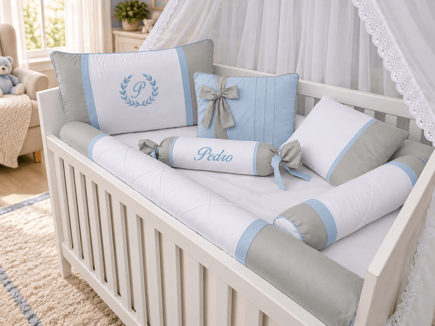 Kit Berço Menino 7 Peças 100% Algodão Cinza e Azul Bebê