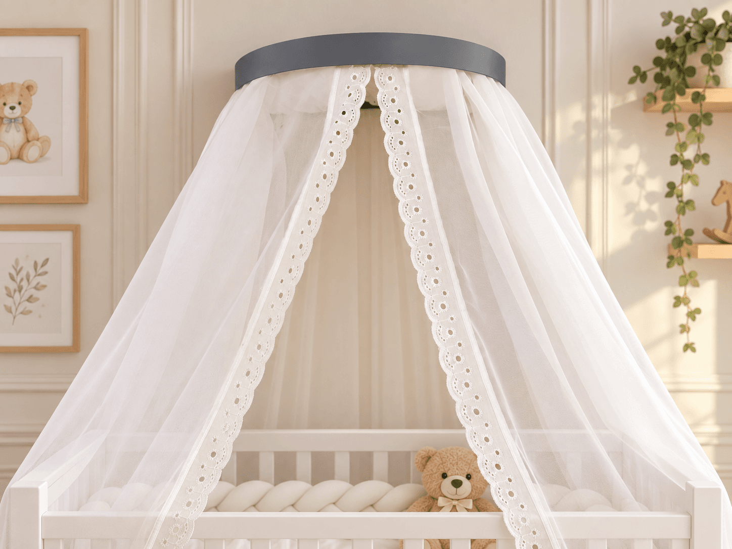 Dossel de Parede Chumbo com Cortinado Voil Palha e Renda